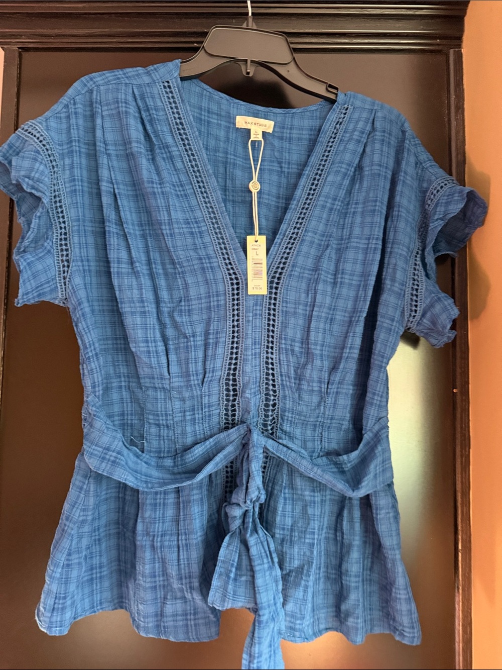 Max Studio Indigo Blue Tie-Waist Gauze Blouse L
